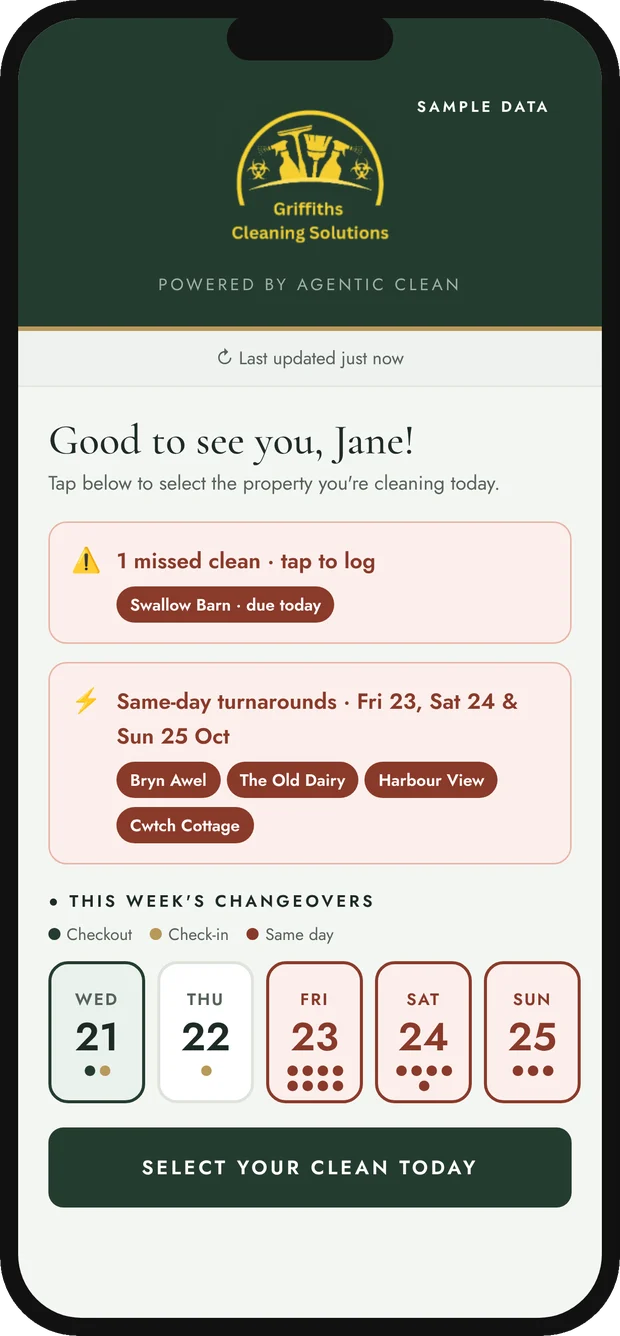 The Agentic Clean cleaner app home screen, branded for Griffiths Cleaning Solutions