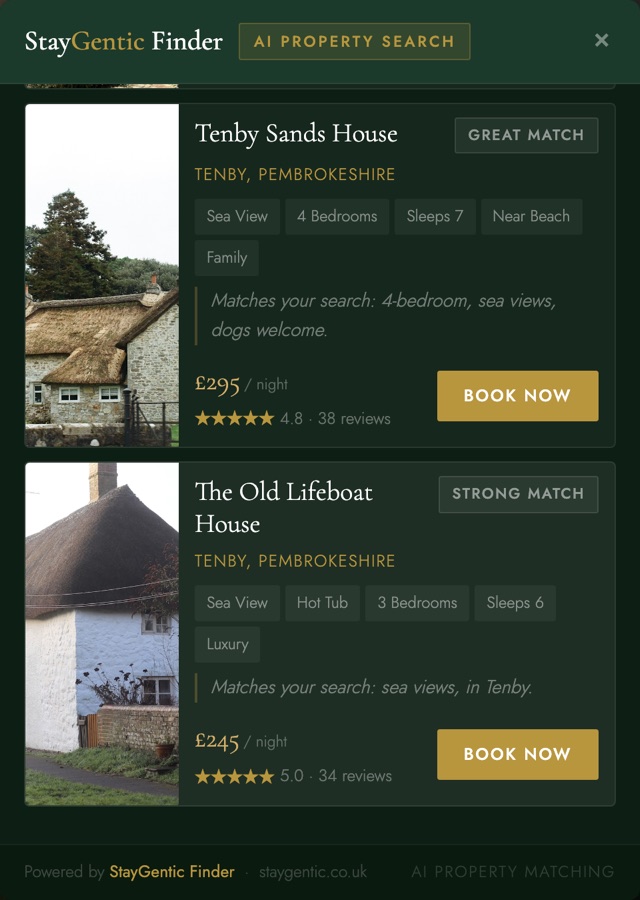 StayGentic Finder AI property search showing matched holiday cottages with pricing and ratings